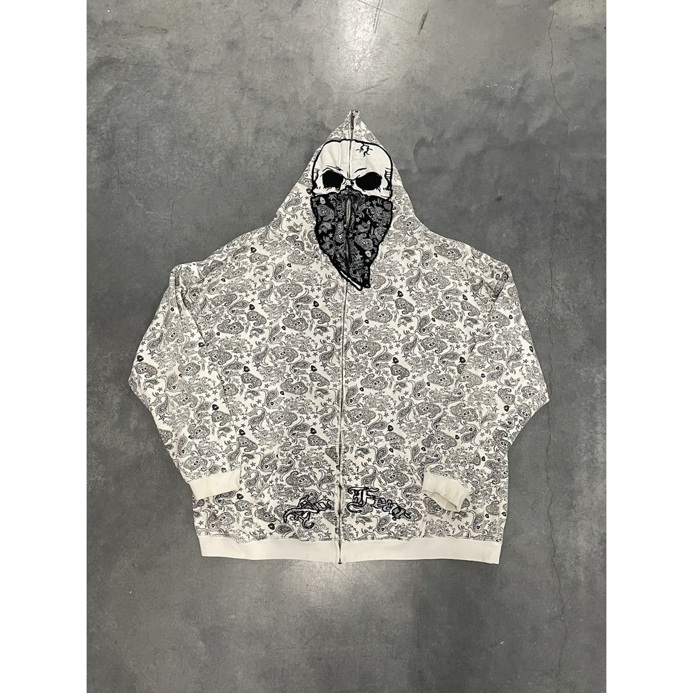 Vintage Y2K No Fear Full Zip Hoodie 3XL Paisley Bandana Skull Full Face Jacket